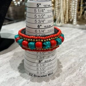 Vintage Tribal Turquoise And  Coral Beads Tibet Nepal Bracelet Cuff Bangle Bead